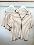 Knit shirt/short set with embroidered trim - beige stripe