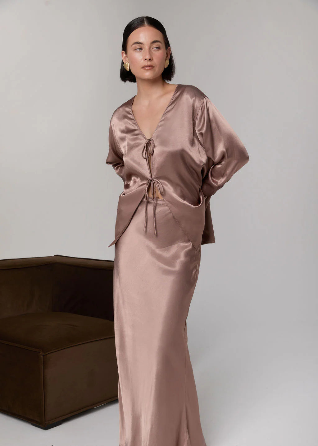 Bisk The Label Brigette Satin Tie Blouse Cocoa