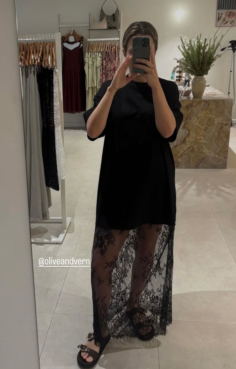 Oversized T-Shirt/Lace Dress - Black