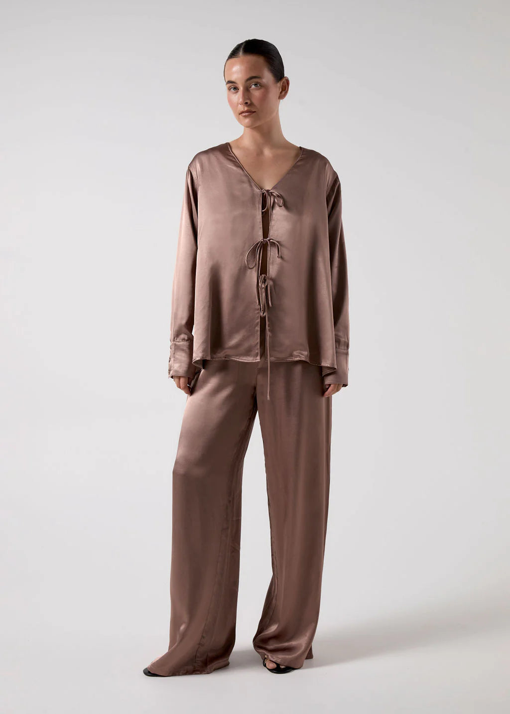 Bisk The Label Brigette Satin Tie Blouse Cocoa