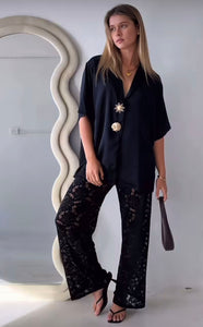 Silk Top With Gold Buttons & Lace Pant Set - Black