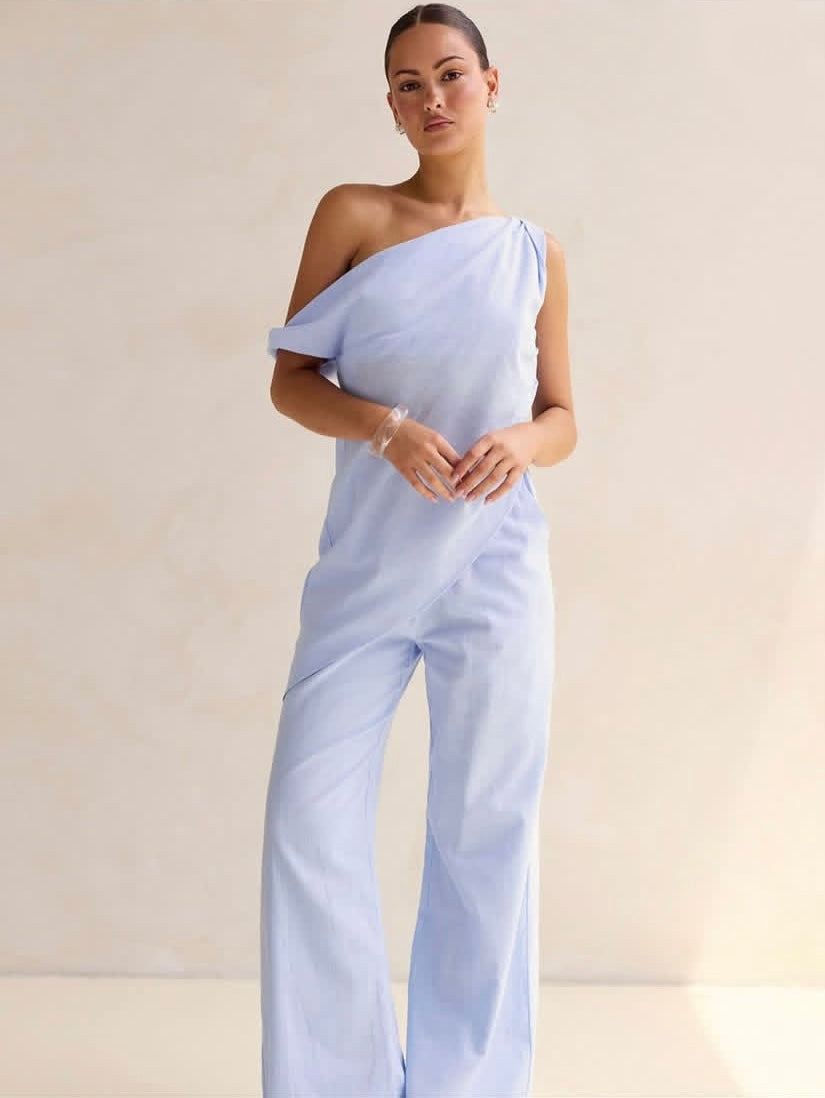 Drop Shoulder Cotton Pant Set Cornflower Blue