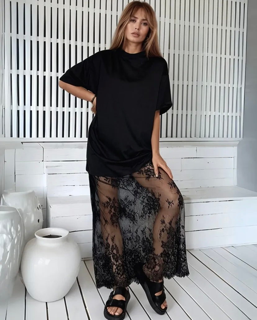 Oversized T-Shirt/Lace Dress - Black