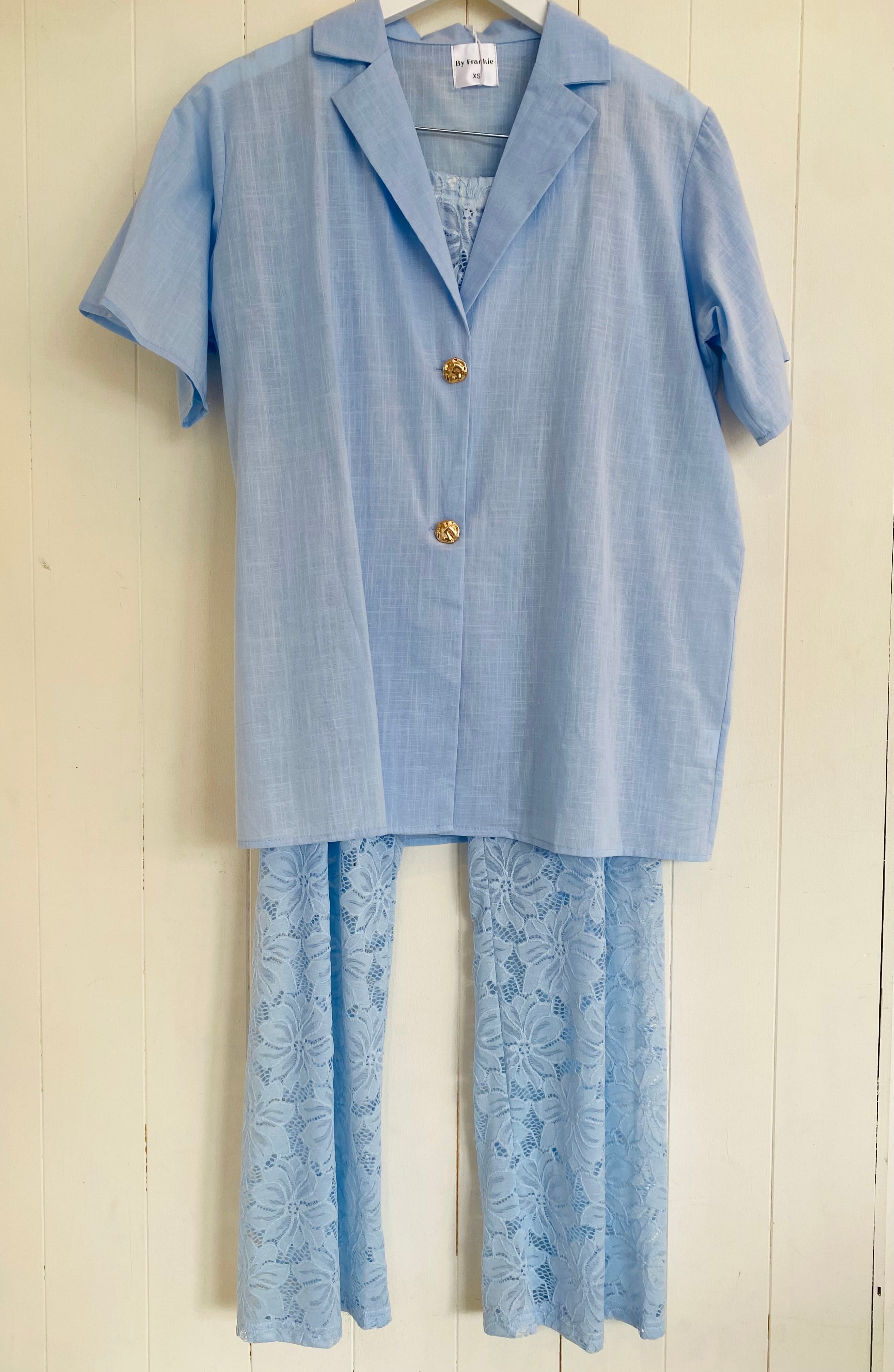 Cotton Top With Gold Buttons & Lace Pant Set - Blue