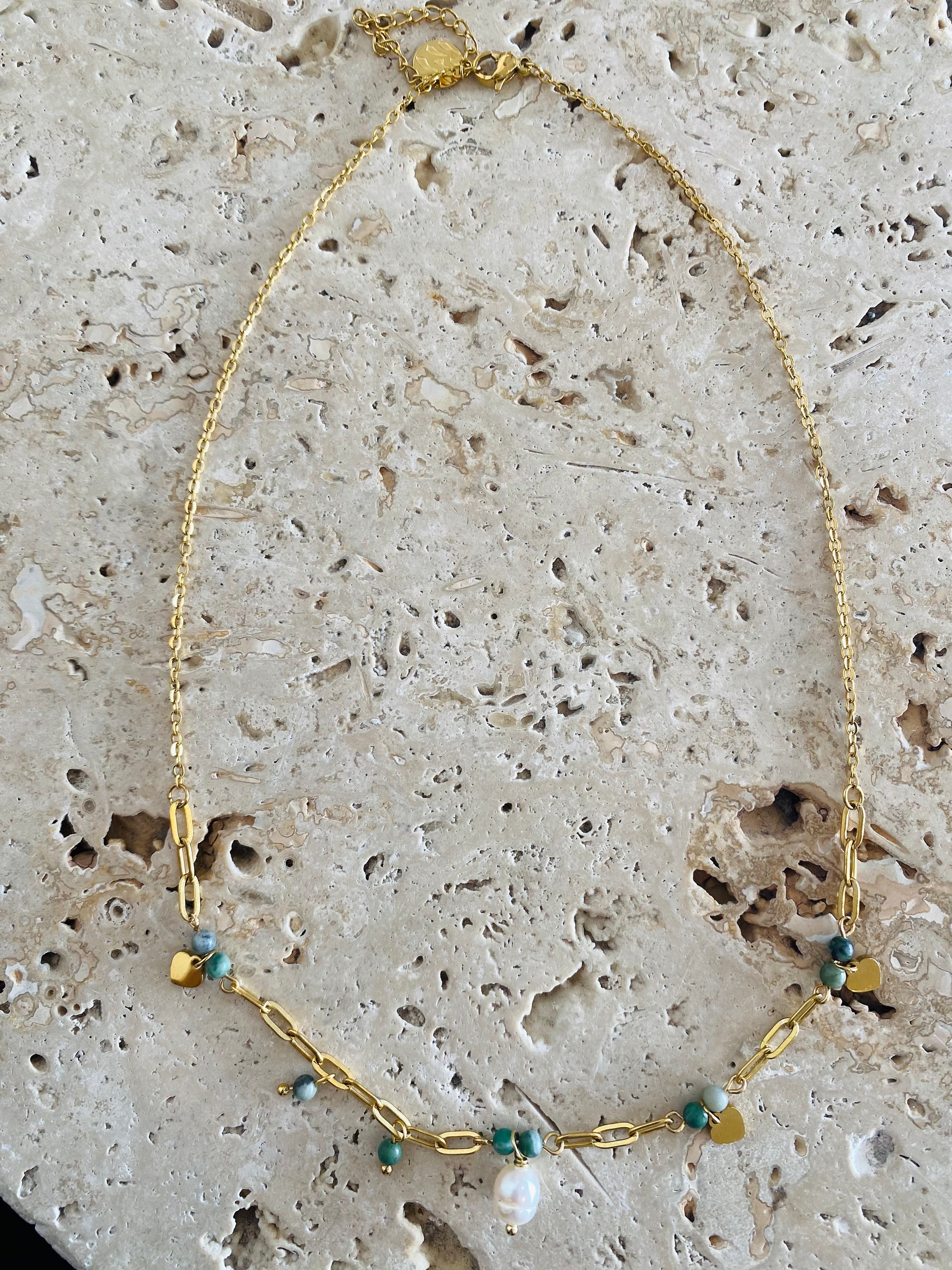 Semi Precious Chain Necklace - Green Agate & Freshwater Pearl