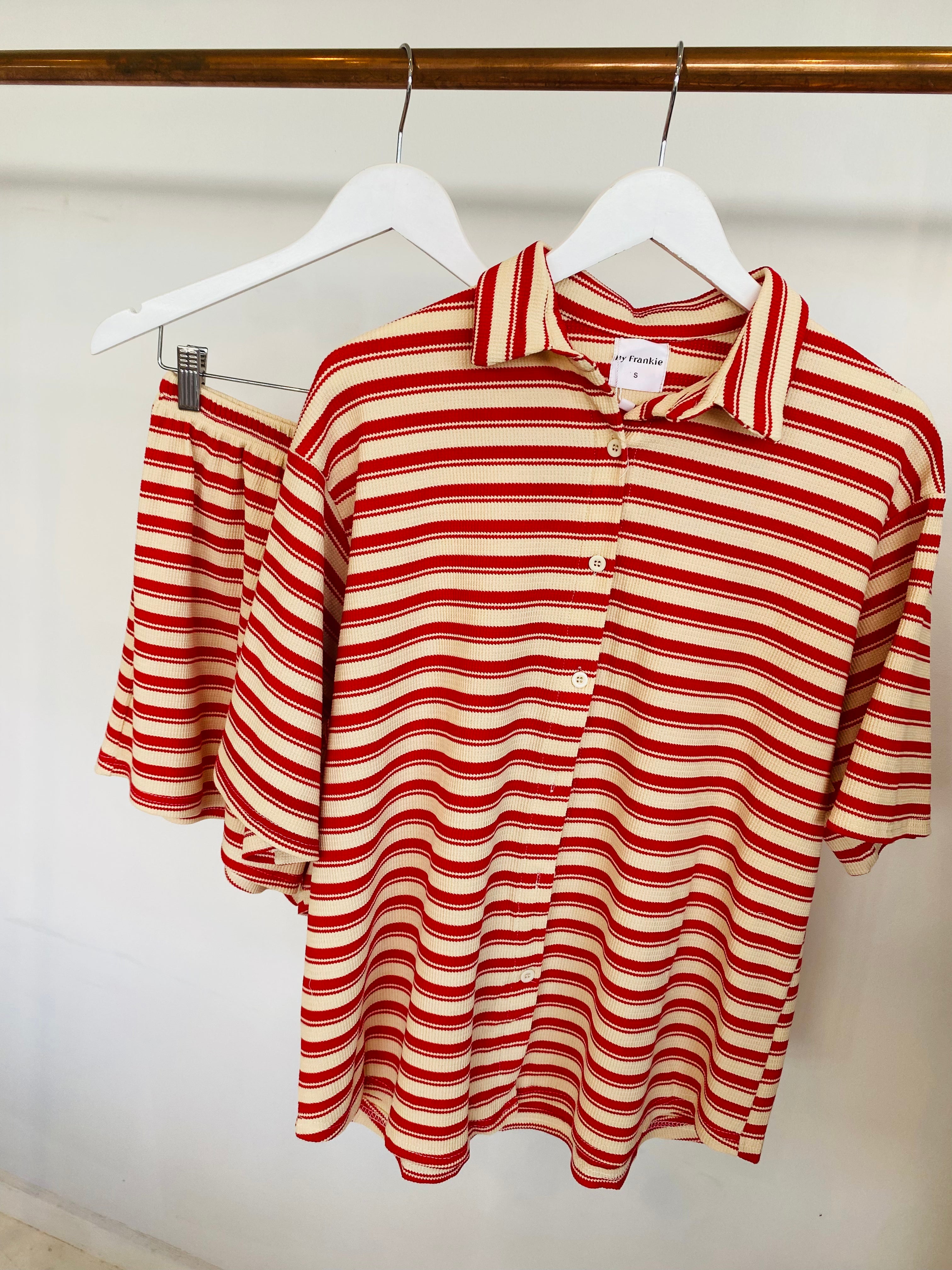 Red Stripe Knit Shirt/Short Set